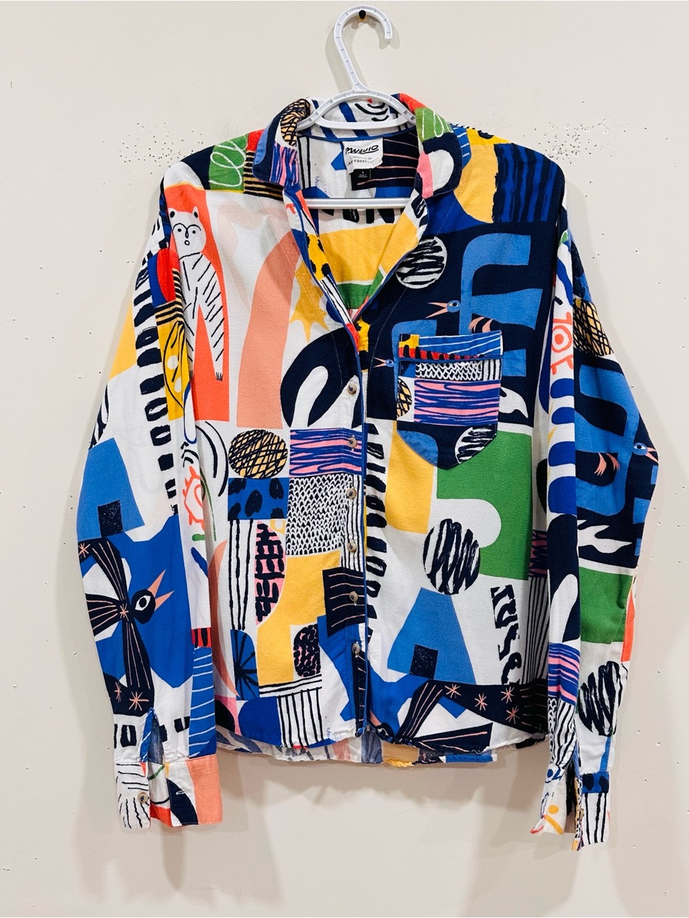 Mvuto for Anthropologie Pajama  Top Shirt S Cat Bird Abstract Pop Art Colorful